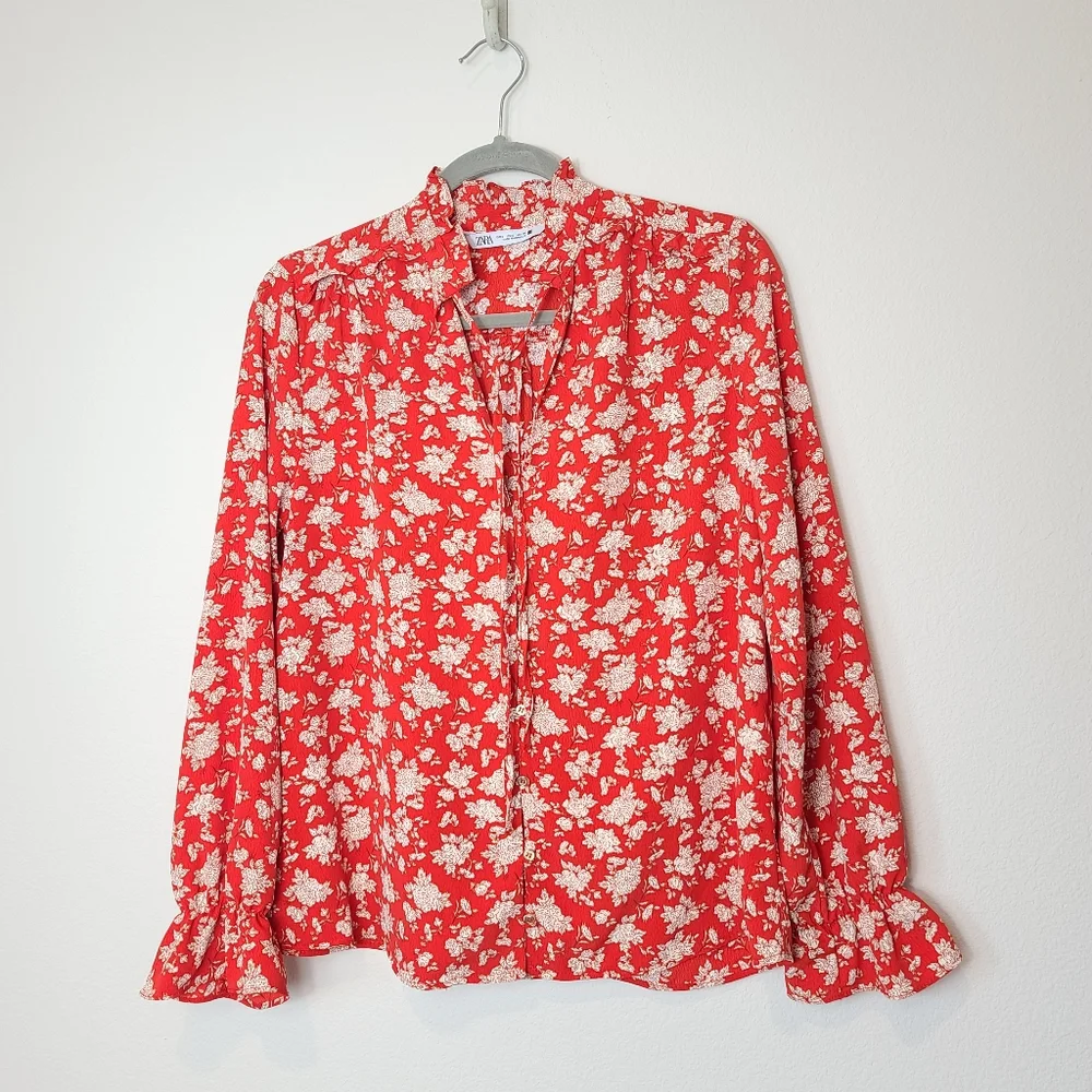 ZARA Floral Print Ruffles Tie Front Shirt Blouse Red - Picture 3 of 12